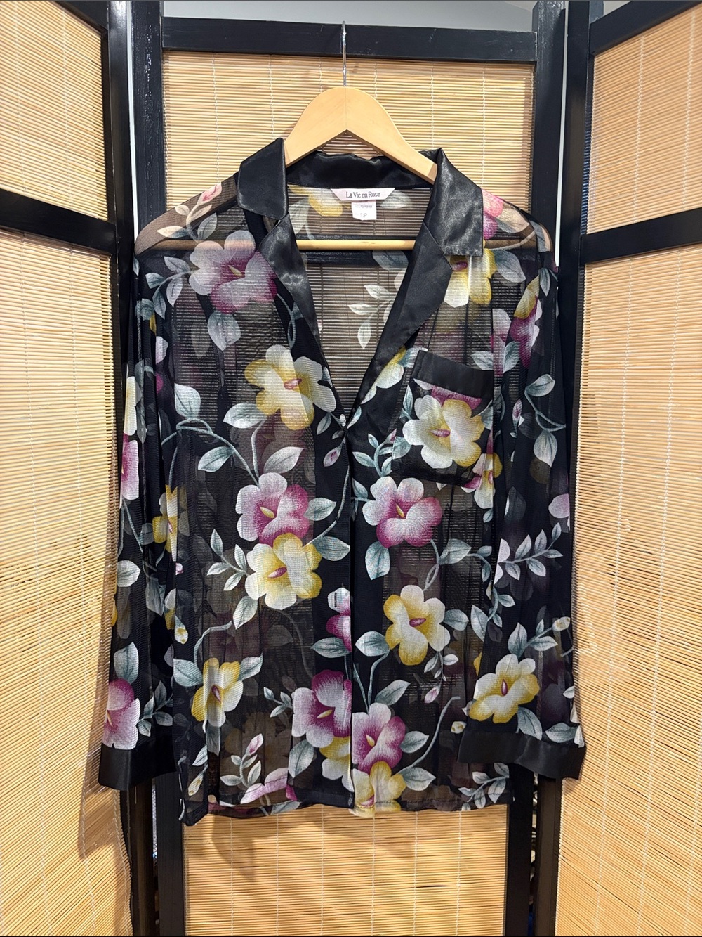 La Vie En Rose Black Sheer Floral Button-Down Blouse